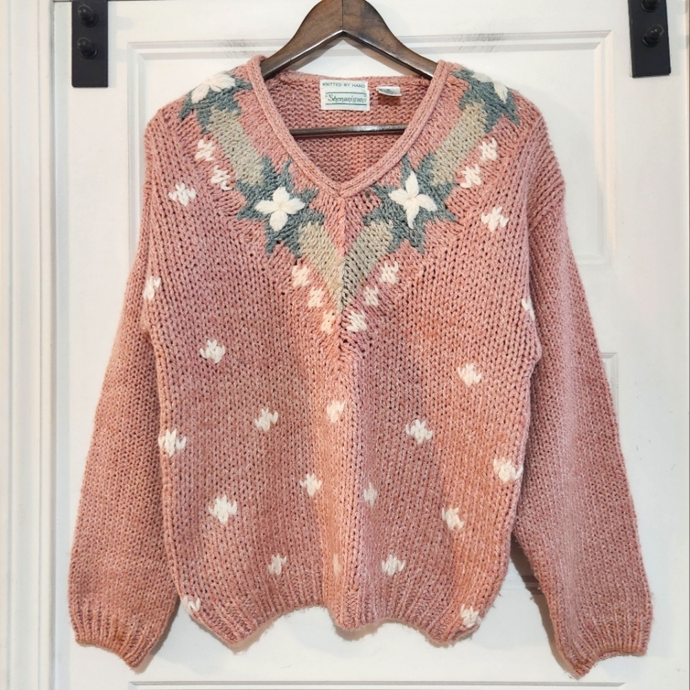 Vintage Shenanigans Womens S Rose Pink Floral Sweater V Neck Chunky Knit